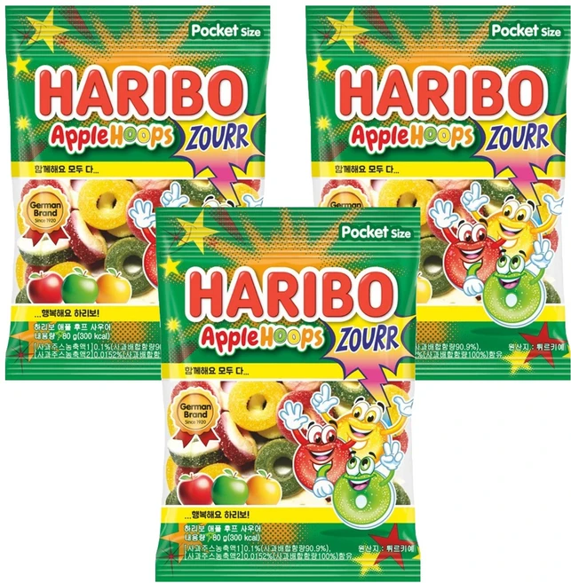 하리보 애플 후프 사우어 사과맛 젤리, 3개, 80g - 쿠팡