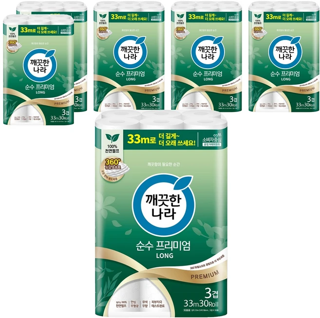깨끗한나라 3겹 천연펄프 순수 프리미엄 화장지, 33m, 30롤, 6개 - 쿠팡