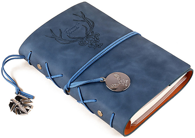 프롬아떼 빈티지 사슴 인장 6공 가죽 만년 무지 A6 다이어리, 블루, 1개