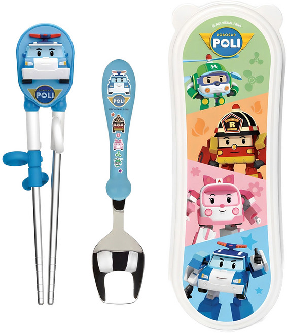 에디슨 아동용 폴리 이지 스텐 수저 케이스 세트 오른손용, 블루, 젓가락 + 스푼 + 케이스, 1세트