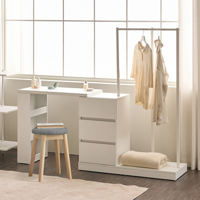 파로마 유니아 A 2in1 옷걸이 수납 화장대 콘솔형 + 원목 스툴 세트 방문설치, 화장대(화이트) + 스툴(트위트블랙)