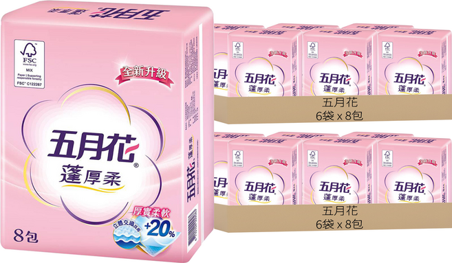 五月花 蓬厚柔抽取式衛生紙, 8包, 12袋