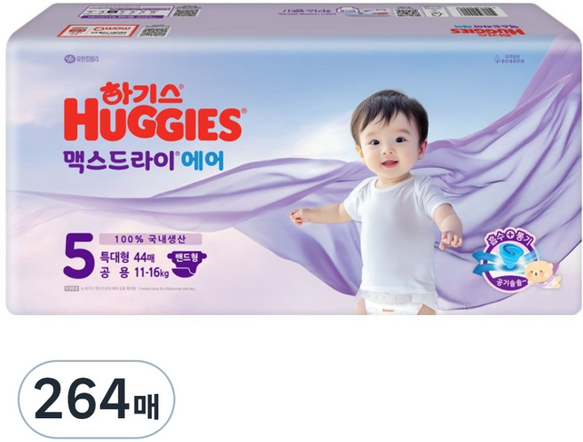 하기스 2025 맥스드라이 에어 밴드형 기저귀 아동용, 5단계, 264매