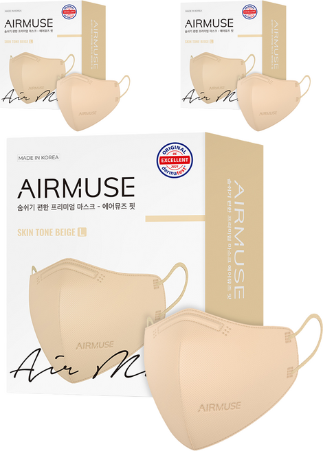 에어뮤즈 핏 2D 새부리형 마스크 성인용 대형, 25개입, 3개, 스킨톤베이지