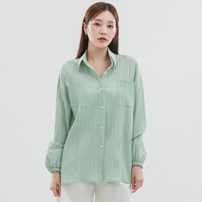 Elsso 女款涼感透氣泡泡紗寬鬆打摺長袖襯衫