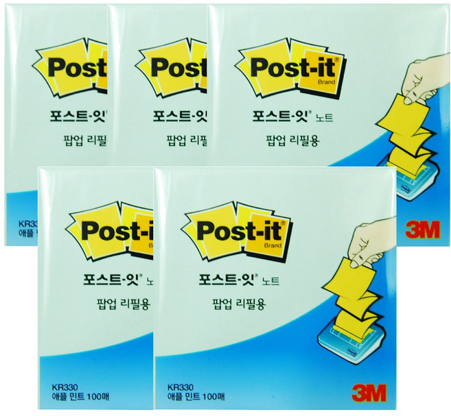 포스트잇 디스펜서 팝업 노트 리필용 76 x 76mm, 애플민트, 100개입, 5개