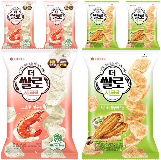 롯데웰푸드 더쌀로 사르르 고소한새우맛 50g 3p + 노가리 청양마요맛 50g 3p, 1세트