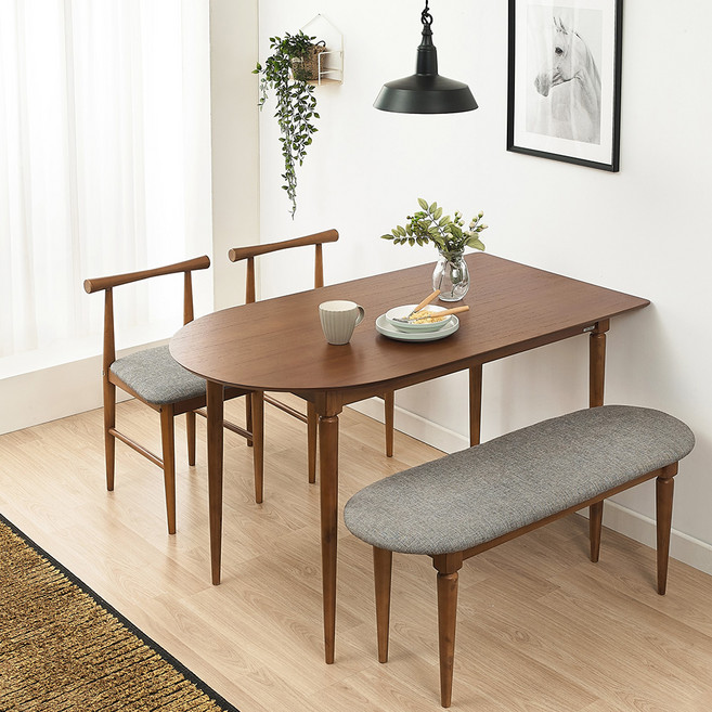 헤즈로 에덴 1200 원목 식탁 테이블 + 의자4P 4인용 식탁세트 방문설치, 월넛, 일반 2 + 벤치 1