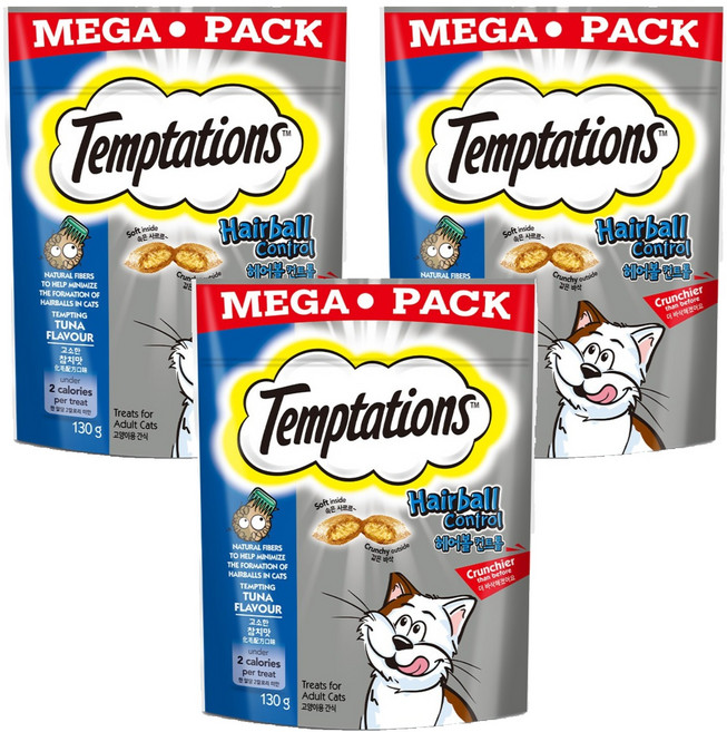 템테이션 고양이 헤어볼 컨트롤 스낵 간식, 고소한 참치맛, 130g, 3개
