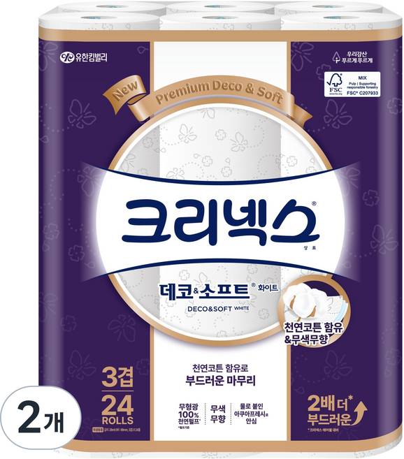 크리넥스 데코 & 소프트 화이트 화장지, 28m, 24개입, 2개