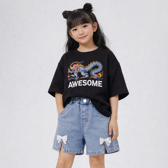 로시앤로우 주니어 여아용 리본 밴딩 데님 반바지 SK003