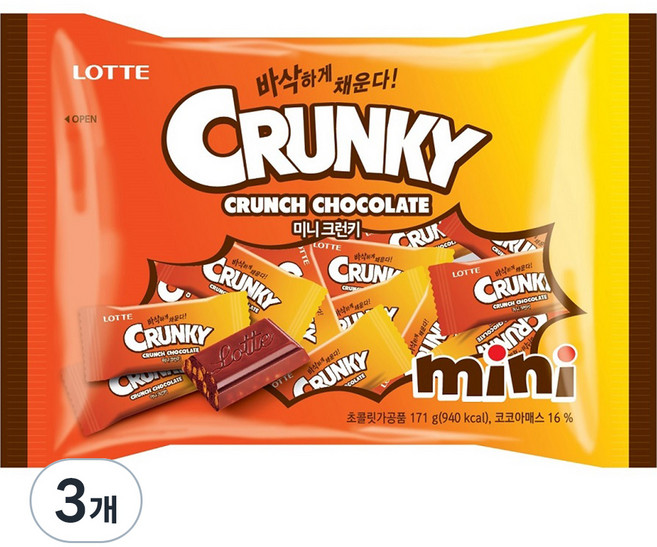 롯데웰푸드 롯데제과 미니 크런키, 171g, 3개