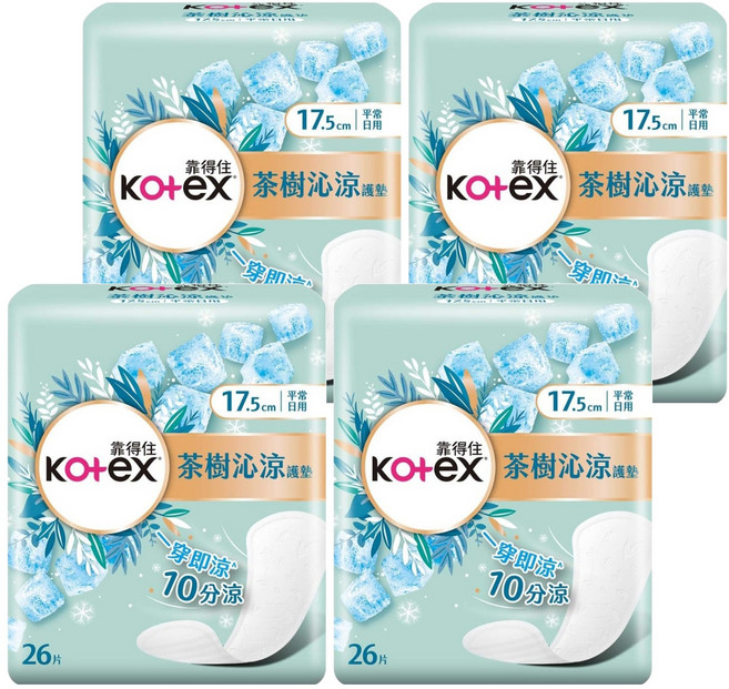 Kotex 靠得住 茶樹沁涼護墊 平常日用, 17.5cm, 26片, 4包