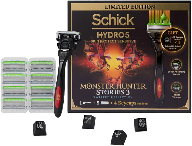 쉬크 하이드로5 스킨프로텍트 센서티브 몬스터헌터 스토리즈3 에디션 면도기 기획팩 세트, 핸들 + 날 9p + 키캡 4p 랜덤발송, 1세트