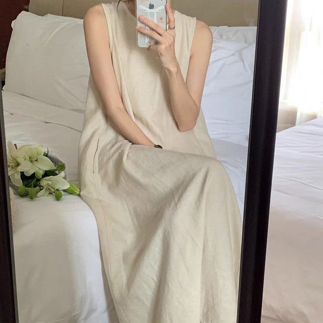 Elsso 女款亞麻後開衩無袖長版連身裙, 米色