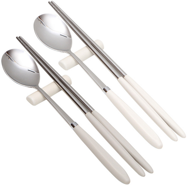 윌리브 304스텐 아모스 파스텔 수저 2종 세트, 그레이 + 아이보리, 숟가락 + 젓가락, 2세트