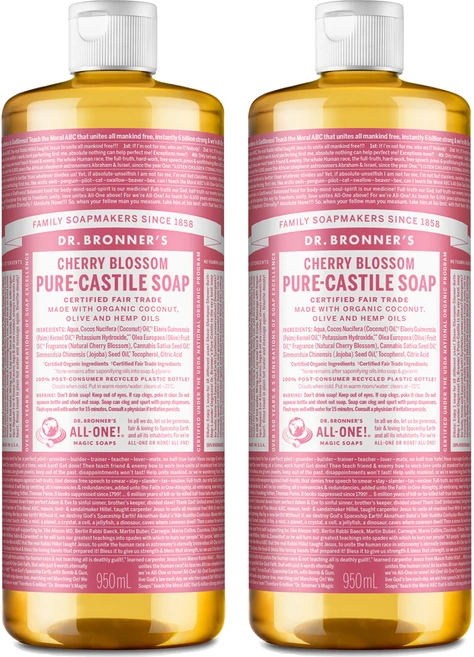 닥터브로너스 퓨어 캐스틸 솝 페이스 앤 바디워시 체리 블라썸, 2개, 950ml - 쿠팡