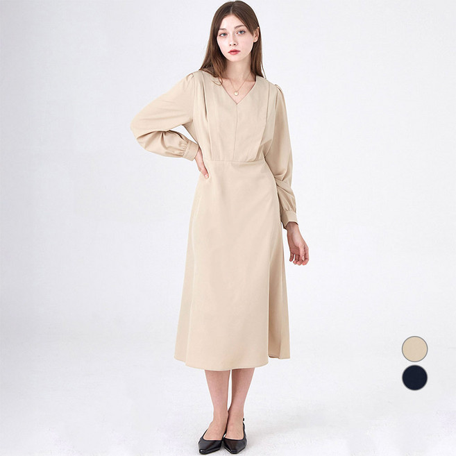 ELLE PARIS 브이넥 퍼프소매 핀턱 원피스