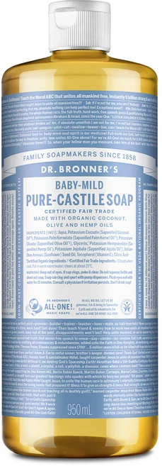 닥터브로너스 베이비 마일드 퓨어 캐스틸 솝 페이스 앤 바디워시, 950ml, 1개 - 쿠팡