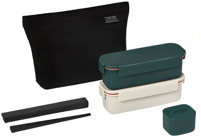 락앤락 슬림 1단 도시락 220ml x 2종 + 가방 + 디바이더 + 젓가락 세트, 딥그린+아이보리, 1개
