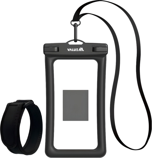 밸류엠 4중 잠금 대형 스마트폰 방수팩 + 넥스트랩 + 암밴드, 1개, 블랙