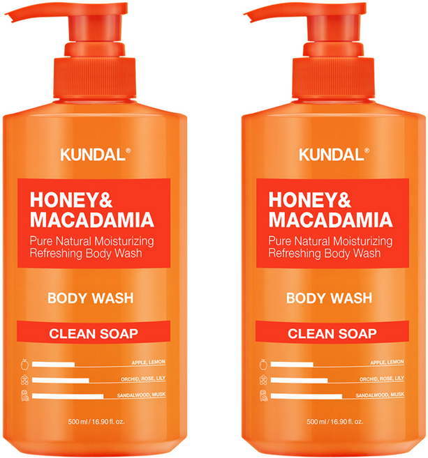 쿤달 허니 앤 마카다미아 퓨어 바디워시 클린솝, 500ml, 2개