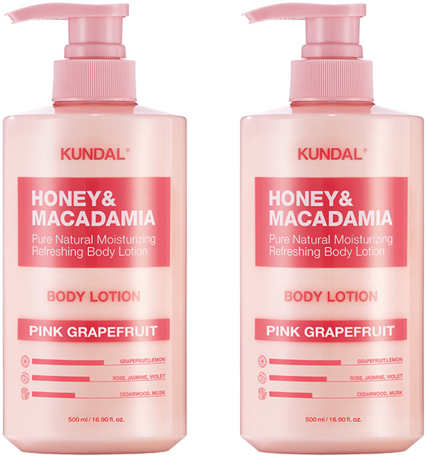 쿤달 허니 앤 마카다미아 퓨어 바디로션 핑크그레이프프룻향, 500ml, 2개
