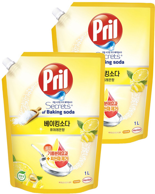 프릴 시크릿 오브 베이킹소다 주방세제 퓨어레몬향 리필, 1L, 2개