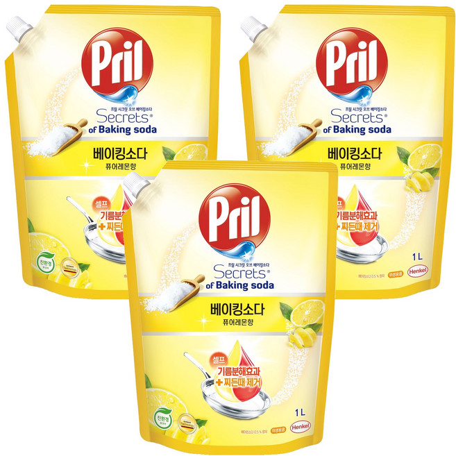 프릴 시크릿 오브 베이킹소다 주방세제 퓨어레몬향 리필, 1L, 3개