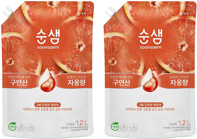 순샘 구연산 자몽향 주방세제, 1.2L, 2개