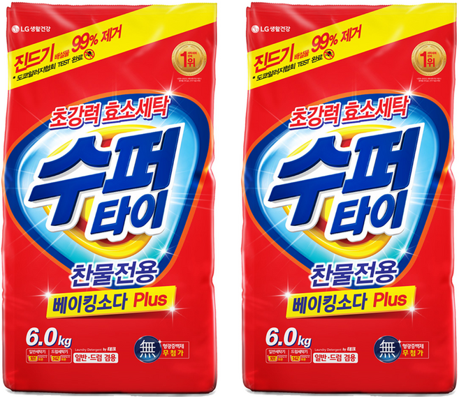 수퍼타이 찬물전용 베이킹소다 플러스 분말세제 리필, 6kg, 2개