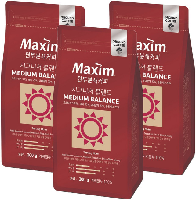 맥심 시그니처 블렌드 미디엄 밸런스 원두 분쇄 커피, 200g, 3개