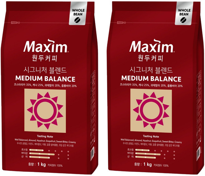 맥심 시그니처 블렌드 미디엄 밸런스 원두 커피, 1kg, 2개