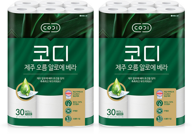 코디 3겹 제주 오름 알로에 베라 화장지, 30m, 30개입, 2개