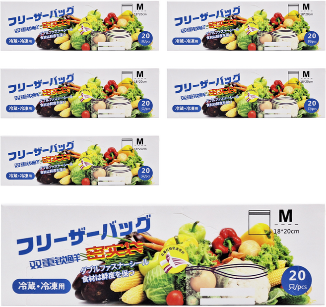 蔬果食品加厚保鮮分裝密封袋, M(20 x 18cm), 20個, 6盒
