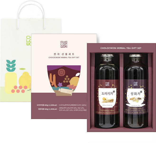 초록원 한차 도라지차 + 쌍화차 + 쇼핑백 세트, 1세트, 1개입, 1.2kg