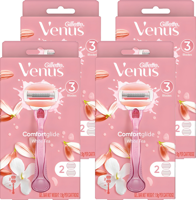 Venus 정품 컴포트 글라이드 화이트티 여성용 면도기 + 면도날 2입, 혼합색상, 4개