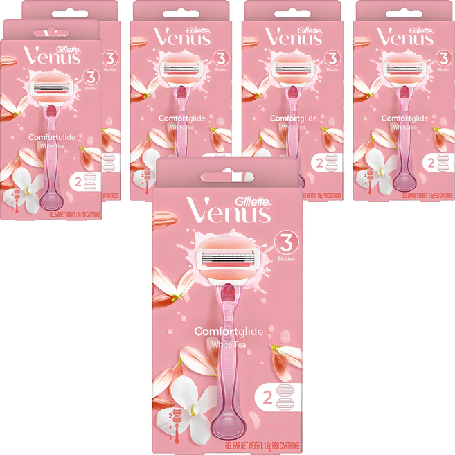 Venus 정품 컴포트 글라이드 화이트티 여성용 면도기 + 면도날 2입, 혼합색상, 6개