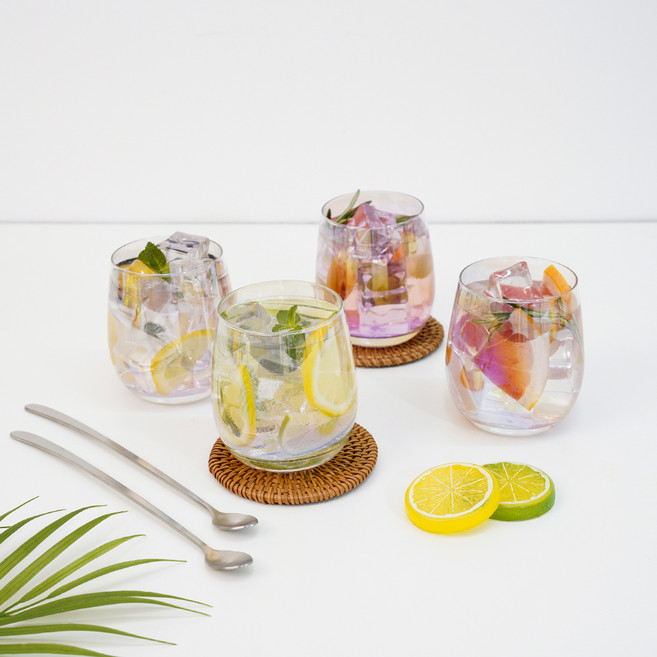 인블룸 홈카페 파티 홀로그램 유리컵 340ml 4p + 벤트 야미 롱 티스푼 2p 세트, 단일색상(유리컵), 실버(티스푼), 1세트