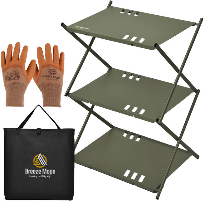 브리즈문 알루미늄 초경량 선반 테이블 쉘프 + 플레이트 3p + 전용가방 + 장갑 세트, 올리브그린(테이블), 3단, 1세트