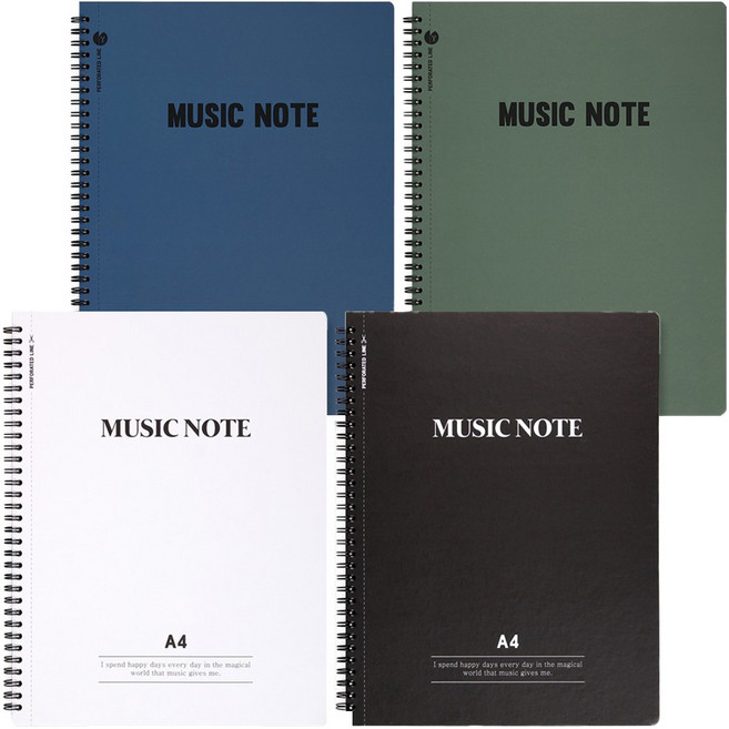 뭉구 A4 절취 음악 노트, 화이트, 블랙, 블루, 그린, 4개