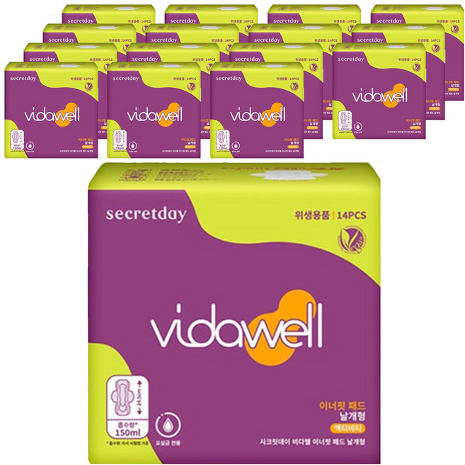 [비건라이프] 비다웰 시크릿데이 비다웰 이너핏 요실금 패드 날개형 성인기저귀, 14개입, 16개