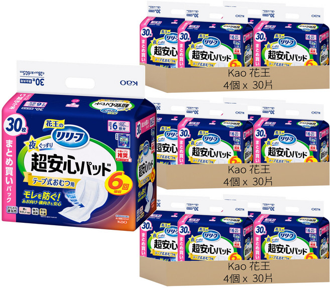 Kao 花王 日本原裝進口 Relief 紙尿褲專用尿布片 夜間安心型 6次吸收量, FREE(onesize), 12個, 30片