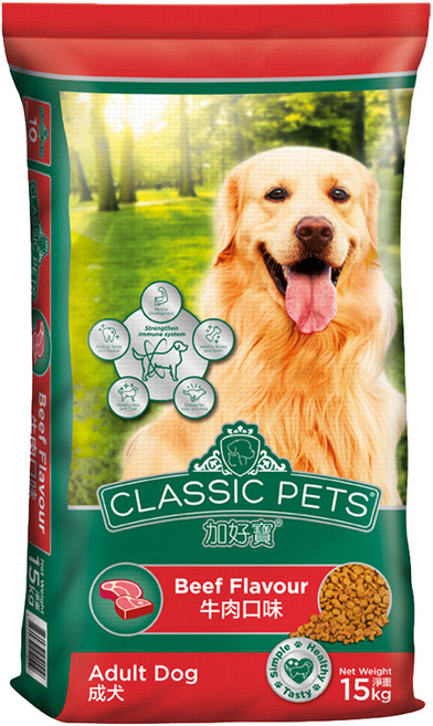 CLASSIC PETS 加好寶 成犬/中大型犬專用 牛肉口味 乾狗糧 15kg 支持免疫力 保持健康 促進肌肉發展 增強體力 幫助控制牙垢 維護口腔健康, 1袋