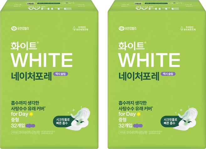 화이트 네이처포레 맥시 슬림 생리대 날개형, 중형, 32개입, 2개
