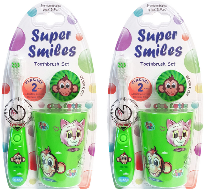 비브라이트 그린몽키 LED칫솔 + 양치컵 + 홀더 세트, 2세트