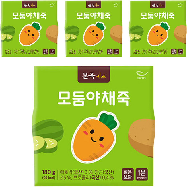 본죽 키즈 모둠 야채죽, 180g, 4개, 혼합맛(애호박/당근/브로콜리)