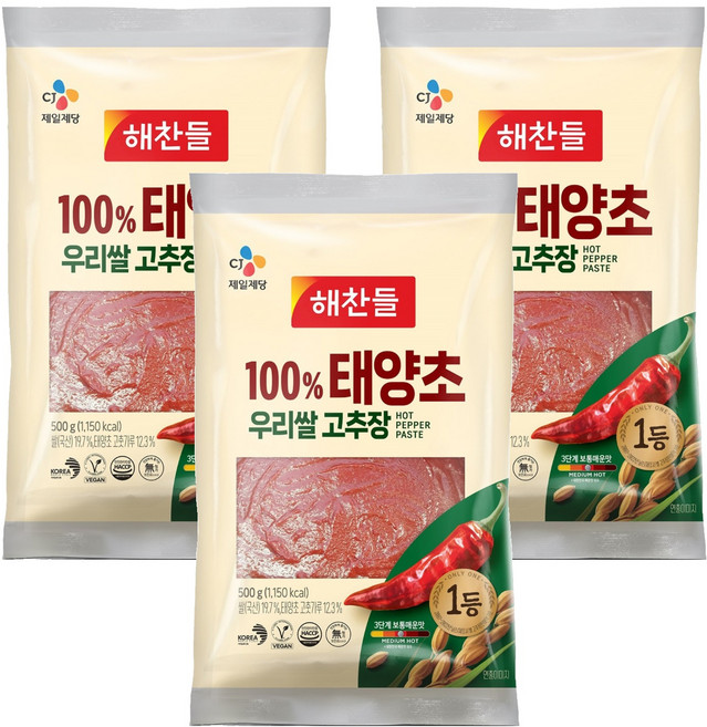 해찬들 100% 태양초 우리 쌀 고추장 봉, 500g, 3개