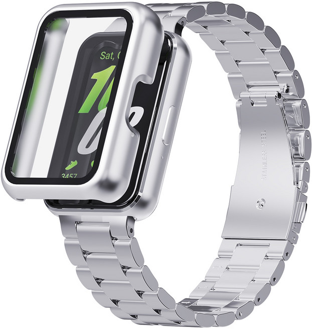 칸탐 갤럭시 핏3 호환 메탈 스트랩 + 풀커버 케이스 세트, 실버, 1개