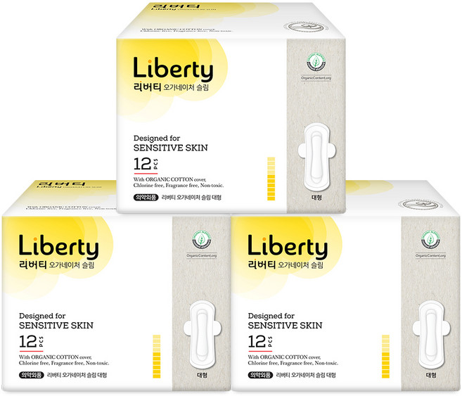리버티오가네이처 유기농 순면커버 슬림 생리대 날개형, 대형, 12개입, 3개
